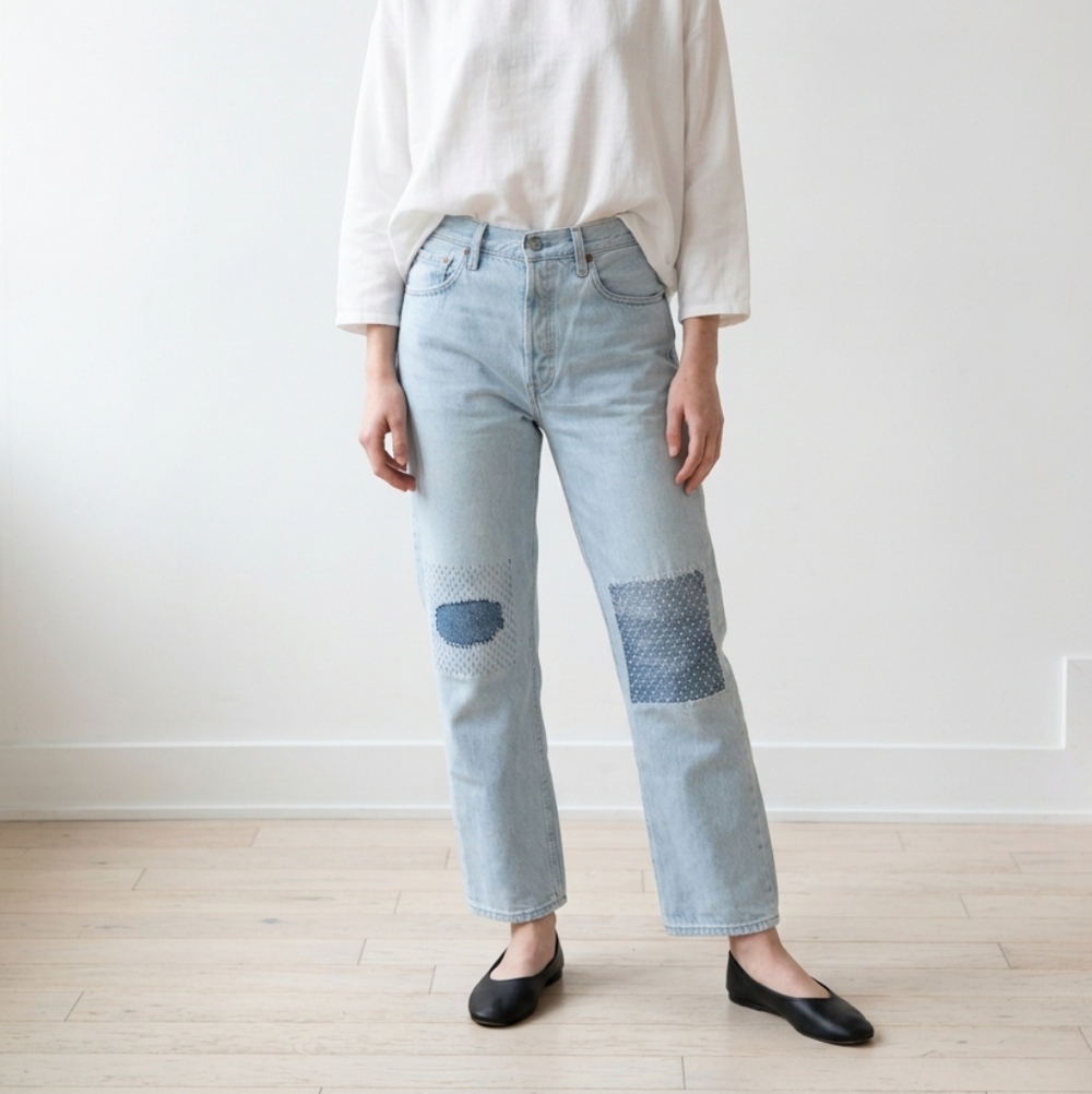 Upcycled Light Blue Sashiko Patched Women's Ribcage Straight Levi's